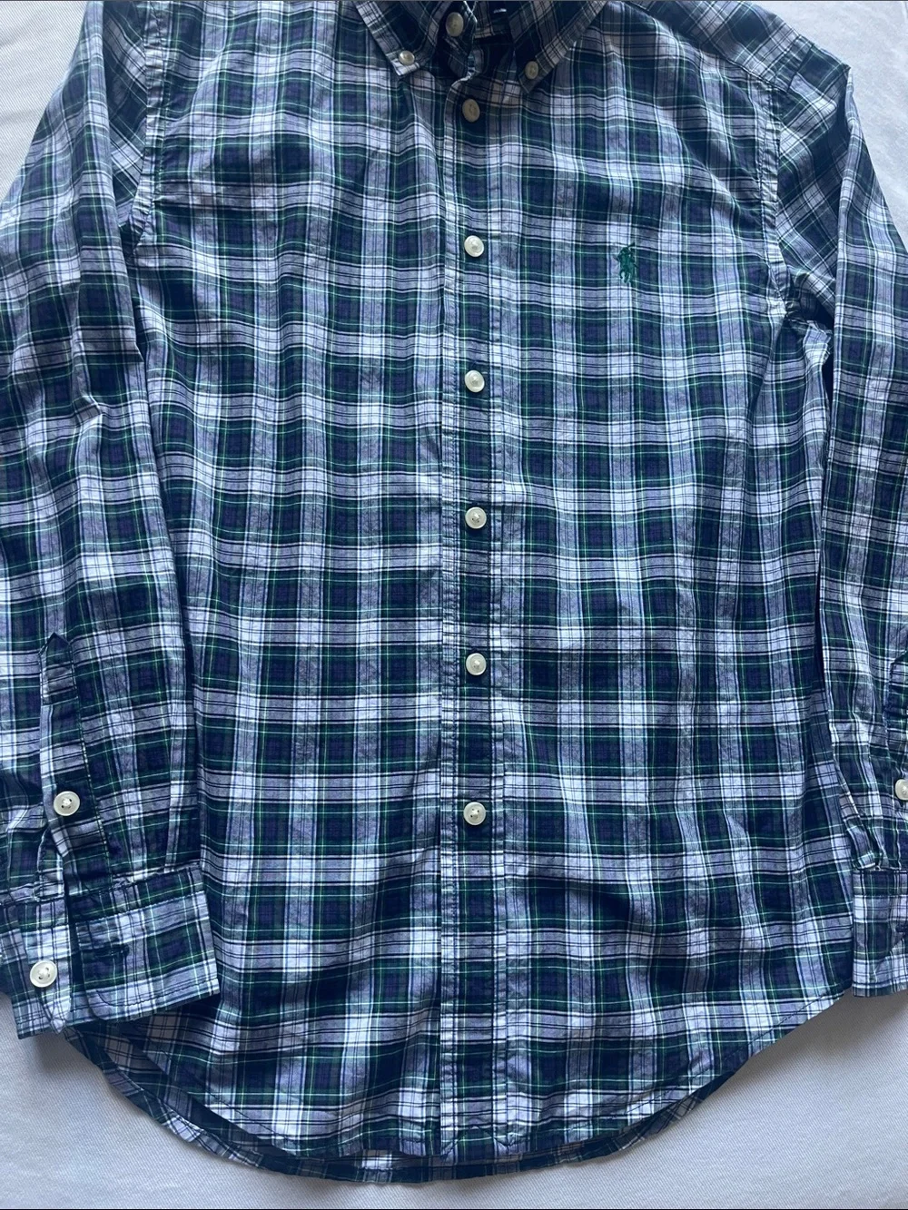 Ralph Lauren Boys Size 10-12 Navy, Green & White Plaid Button-Down Shirt